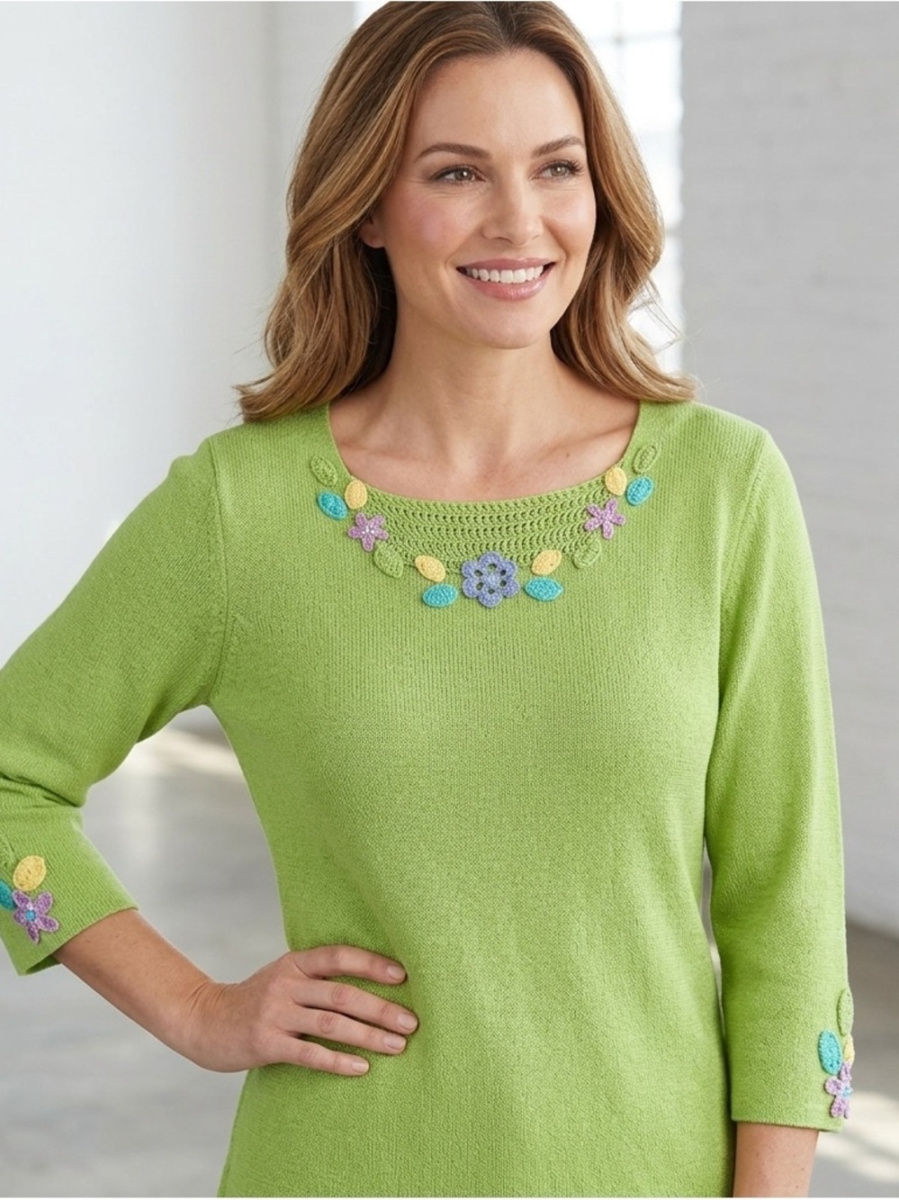 Sag Harbor Lime Green Scoop Neck Sweater with Pastel Floral Appliqué